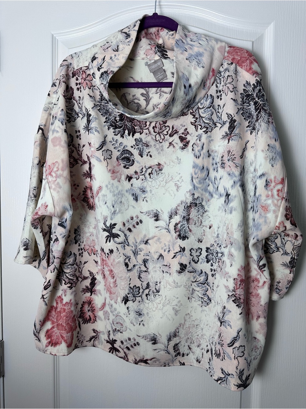 Chico's Cream Cowl Neck Sweatshirt with Pink and Gray Floral Print